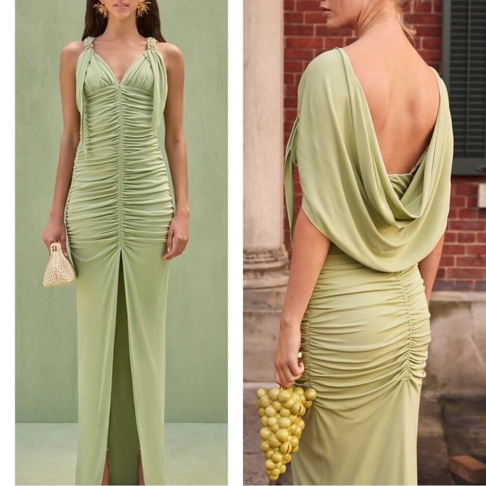 CULT GAIA Charlene Ruched Gold Detail Draped Back Maia Green Maxi Dress Size 2